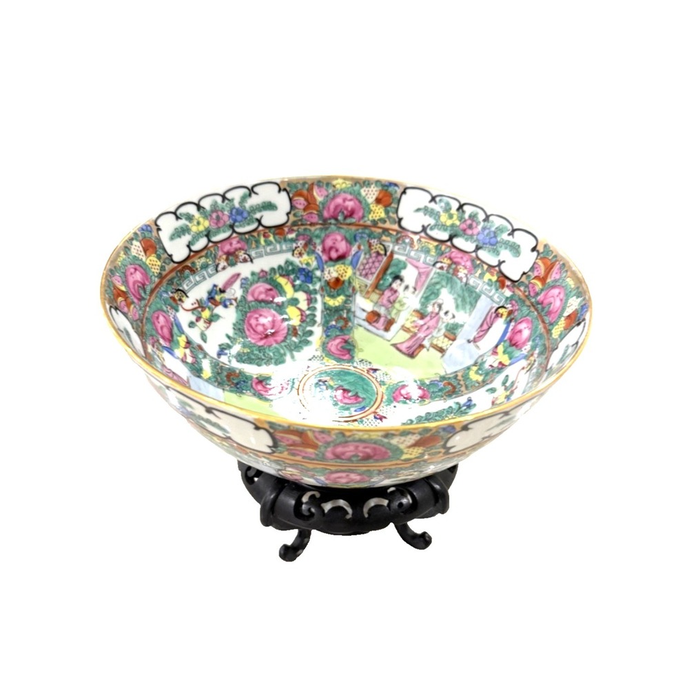 Chinese Famille Rose Medallion Antique 10" Punch Bowl Made In Hong Kong; w/Stand